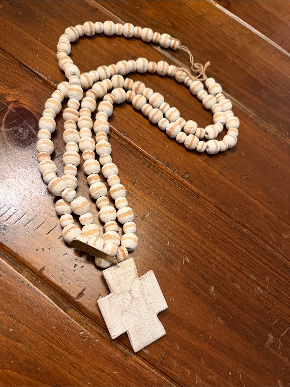 Wooden Bead Necklace with Cross Pendant - White and Natural